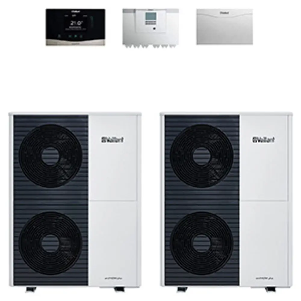 Zwei Vaillant-Wärmepumpen in einem kompakten Design mit Lüftern. Dazu sind digitale Steuergeräte abgebildet, die die Heizungsregelung unterstützen.